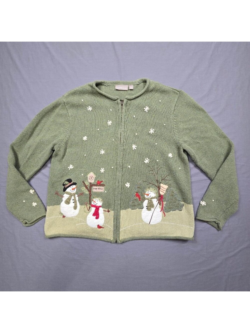 Croft & Barrow Large Christmas Snowman Themed Green Full Zip Cardigan